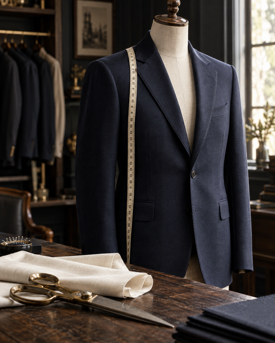 Illustrative tailoring still life with a navy jacket, measuring tape, and tailor’s shears
